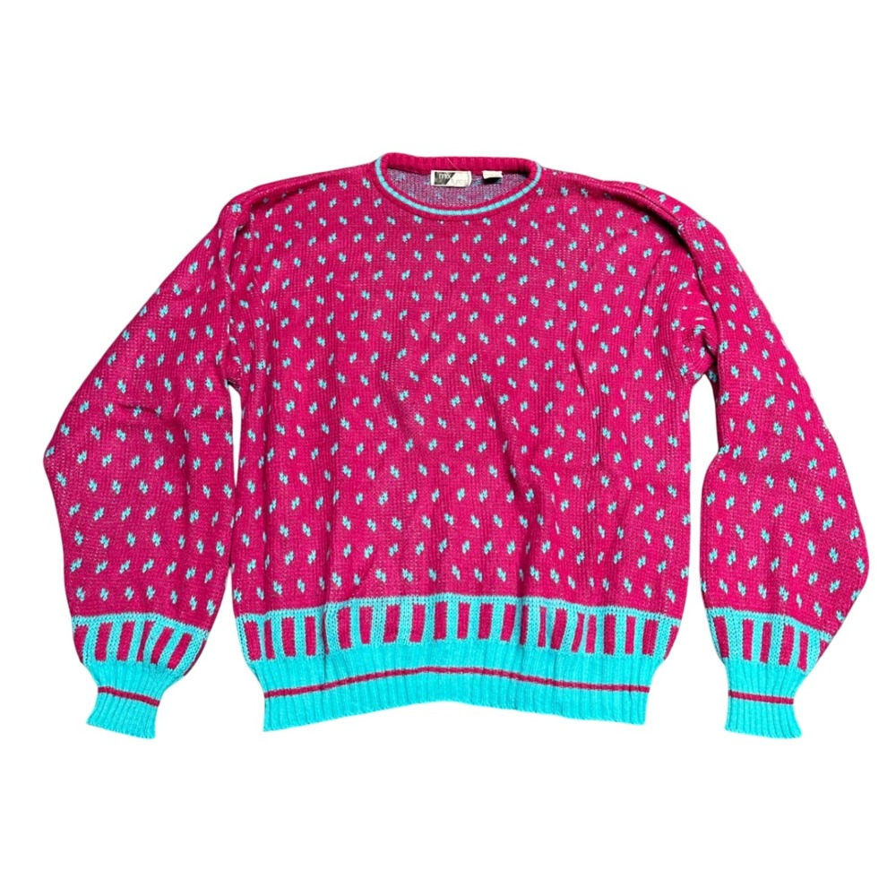 Vintage 80s sweater large artsy colorful bright eclectic grandpa funky knit pink